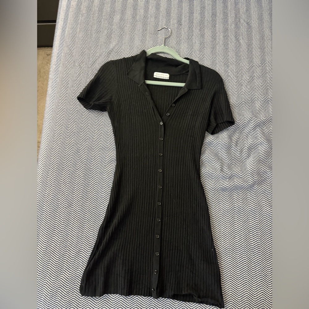 Urban Outfitters Black Ribbed Button-Front Polo Dress